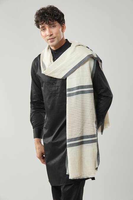 Shop Taroob Ivory Checkered Wool Shawl at Aza Fashions Shop_Taroob_Ivory Checkered Wool Shawl_at_Aza_Fashions