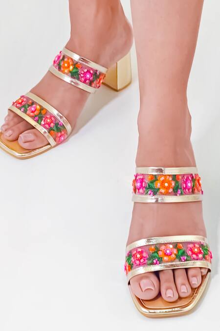 Sole House Multi Color Sequin Floral Magic Hand Embroidered Block Heels