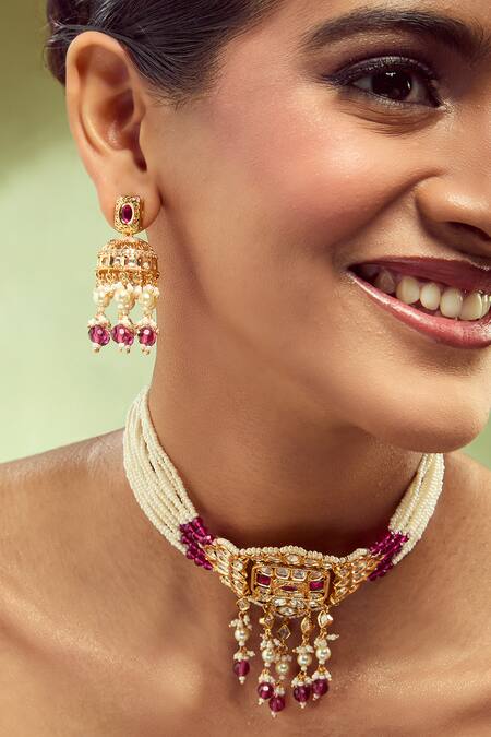 Shop_Nazaakat By Samara Singh_Red Pearls, Stones Ruby Designer Jewellery Set _Online_at_Aza_Fashions