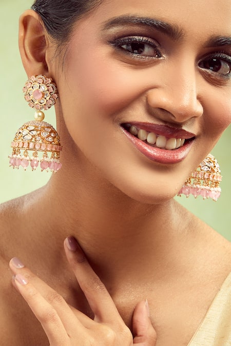 Nazaakat By Samara Singh_Gold Plated Crystals, Beads Designer Pink Jhumka Earrings _Online_at_Aza_Fashions