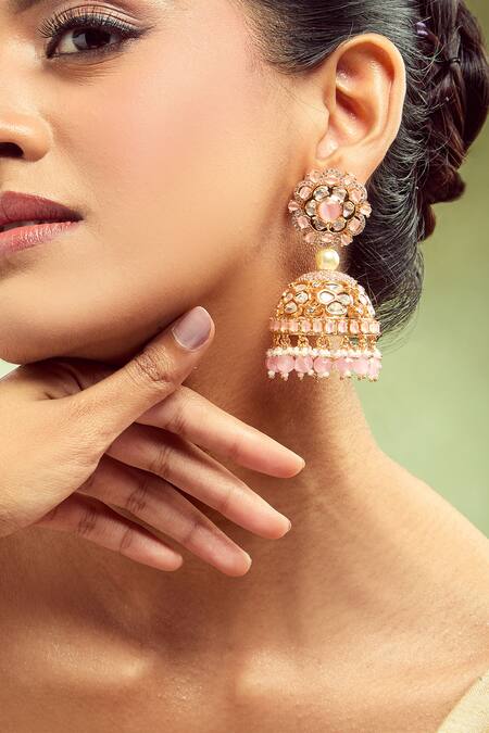Shop_Nazaakat By Samara Singh_Gold Plated Crystals, Beads Designer Pink Jhumka Earrings _Online_at_Aza_Fashions