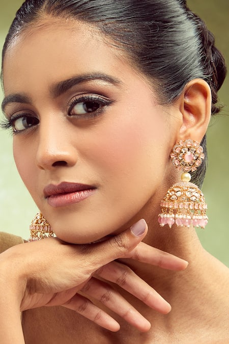 Nazaakat By Samara Singh Designer Pink Golden Jhumka Earrings 