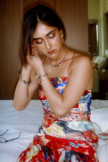 Saaksha & Kinni_Multi Color Chiffon Abstract Floral Print Asymmetric Midi Dress _at_Aza_Fashions