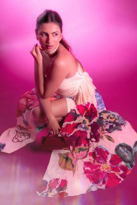 Buy_Saaksha & Kinni_Multi Color Crepe Floral Print Asymmetric Skirt _Online_at_Aza_Fashions