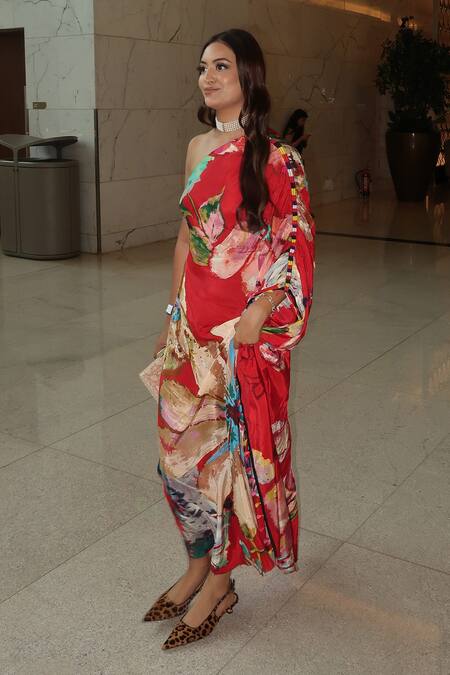 Saaksha & Kinni_Red Crepe Tassels One Shoulder Floral Print Asymmetrical Kaftan _at_Aza_Fashions