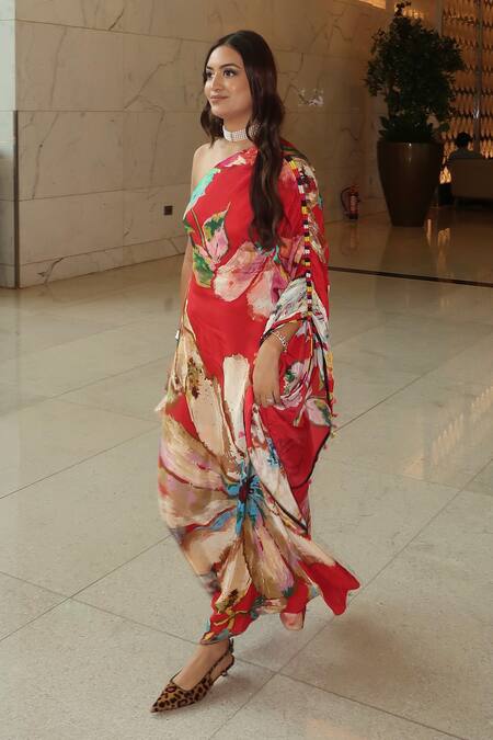 Shop_Saaksha & Kinni_Red Crepe Tassels One Shoulder Floral Print Asymmetrical Kaftan 
