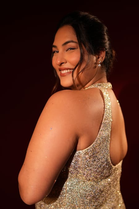 Monk & Mei By Sonia Anand Sequin Halter Neck Dress 