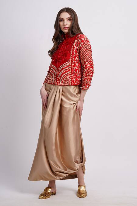 Sonali Gupta_Red Silk, Viscose Embroidery High Neck Jacket With Cowl Skirt _Online_at_Aza_Fashions