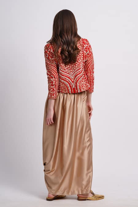 Sonali Gupta Red Embroidered Jacket With Cowl Skirt 