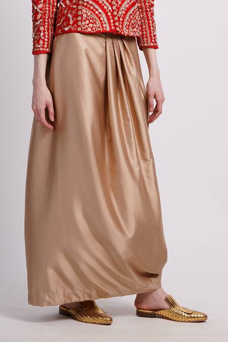 Buy_Sonali Gupta_Red Silk, Viscose Embroidery High Neck Jacket With Cowl Skirt _Online_at_Aza_Fashions