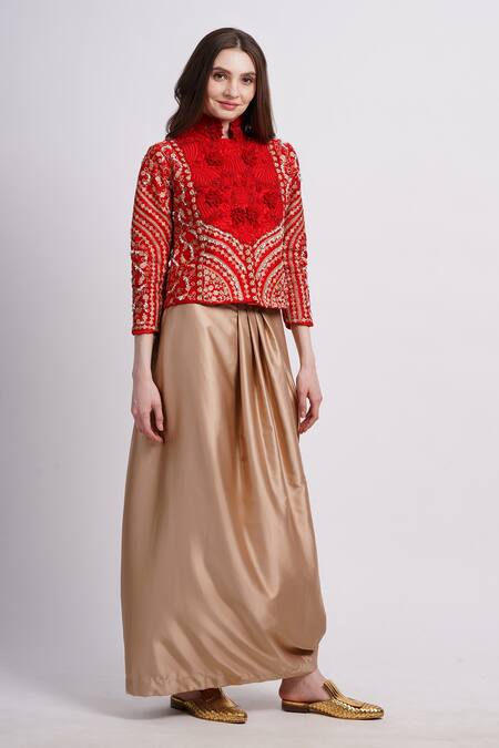 Shop_Sonali Gupta_Red Silk, Viscose Embroidery High Neck Jacket With Cowl Skirt _Online_at_Aza_Fashions