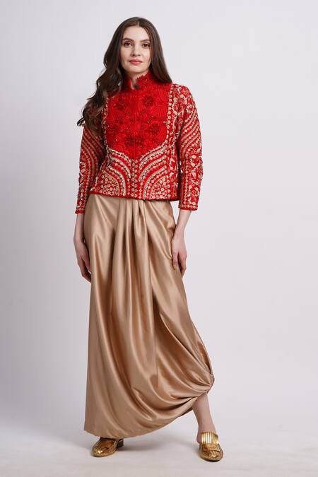 Sonali Gupta_Red Silk, Viscose Embroidery High Neck Jacket With Cowl Skirt _at_Aza_Fashions