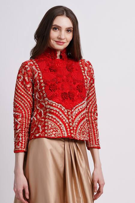 Buy_Sonali Gupta_Red Silk, Viscose Embroidery High Neck Jacket With Cowl Skirt 