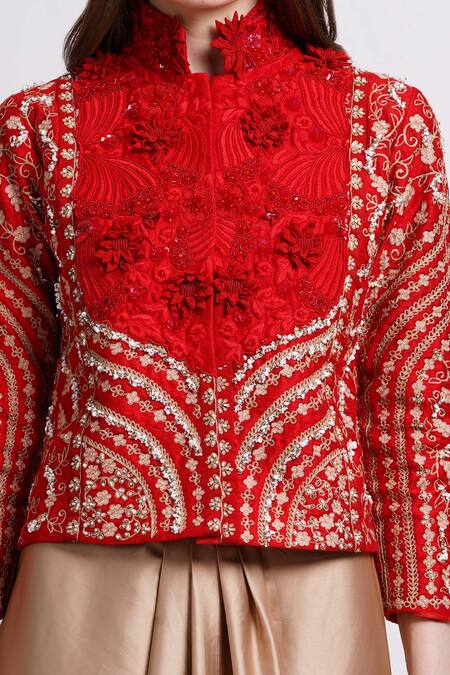 Shop_Sonali Gupta_Red Silk, Viscose Embroidery High Neck Jacket With Cowl Skirt 