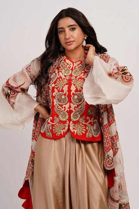 Buy_Sonali Gupta_Red Silk, Viscose Embroidery Round Neck Mughal Cape And Skirt Set _Online_at_Aza_Fashions