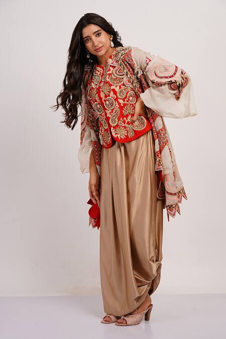 Shop_Sonali Gupta_Red Silk, Viscose Embroidery Round Neck Mughal Cape And Skirt Set _Online_at_Aza_Fashions