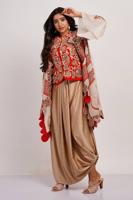 Sonali Gupta_Red Silk, Viscose Embroidery Round Neck Mughal Cape And Skirt Set _at_Aza_Fashions