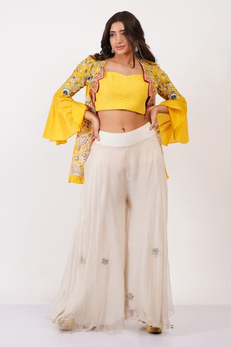 Sonali Gupta_Yellow Silk, Viscose Embroidery Round Neck Cape And Sharara Set _Online_at_Aza_Fashions
