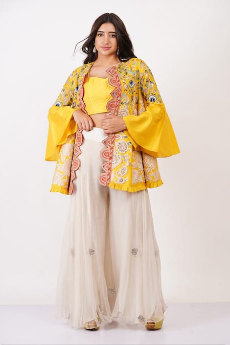 Shop_Sonali Gupta_Yellow Silk, Viscose Embroidery Round Neck Cape And Sharara Set _Online_at_Aza_Fashions