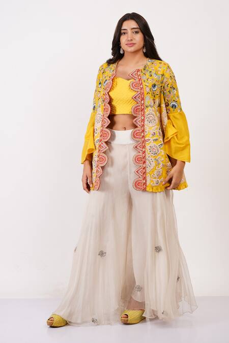 Sonali Gupta_Yellow Silk, Viscose Embroidery Round Neck Cape And Sharara Set _at_Aza_Fashions