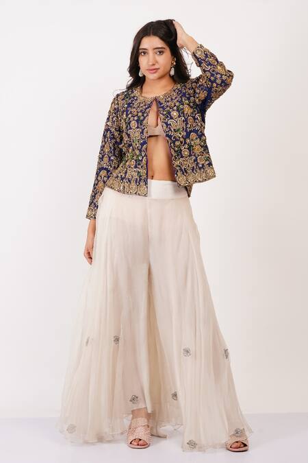 Sonali Gupta Blue Silk, Viscose Embroidery Mughal Jal Jacket And Sharara Set Online at Aza Fashions Sonali Gupta_Blue Silk, Viscose Embroidery Mughal Jal Jacket And Sharara Set _Online_at_Aza_Fashions