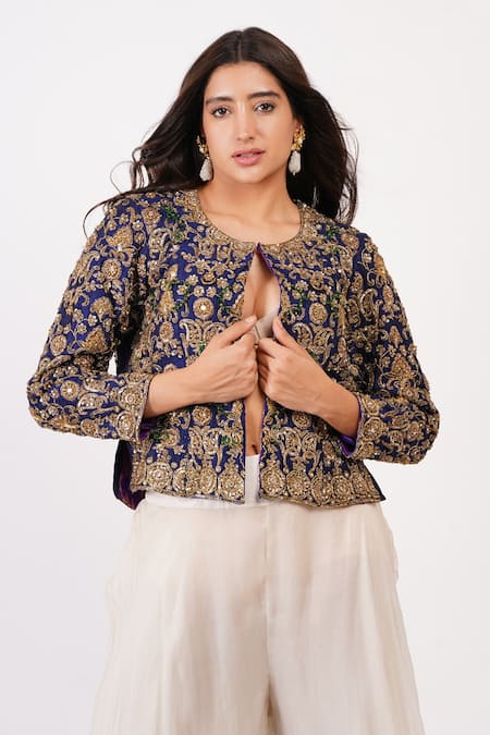 Shop Sonali Gupta Blue Silk, Viscose Embroidery Mughal Jal Jacket And Sharara Set Online at Aza Fashions Shop_Sonali Gupta_Blue Silk, Viscose Embroidery Mughal Jal Jacket And Sharara Set _Online_at_Aza_Fashions