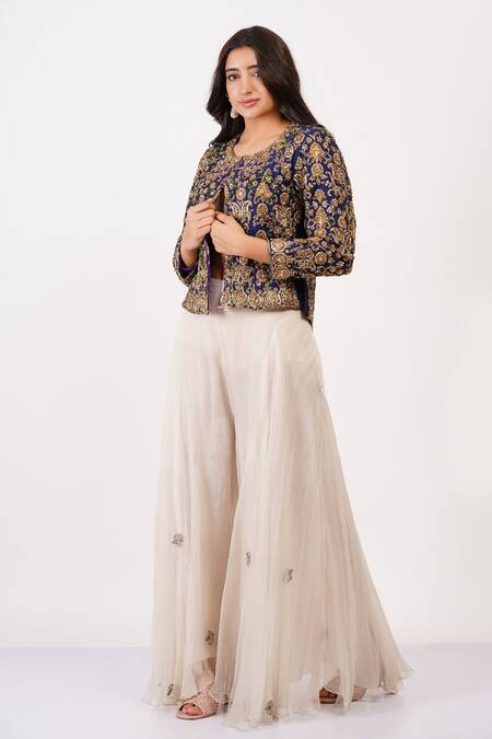 Sonali Gupta Blue Silk, Viscose Embroidery Mughal Jal Jacket And Sharara Set at Aza Fashions Sonali Gupta_Blue Silk, Viscose Embroidery Mughal Jal Jacket And Sharara Set _at_Aza_Fashions