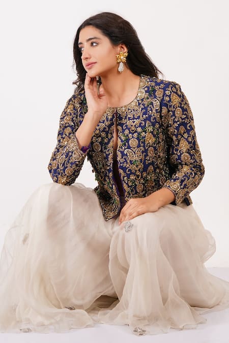 Buy Sonali Gupta Blue Silk, Viscose Embroidery Mughal Jal Jacket And Sharara Set Buy_Sonali Gupta_Blue Silk, Viscose Embroidery Mughal Jal Jacket And Sharara Set