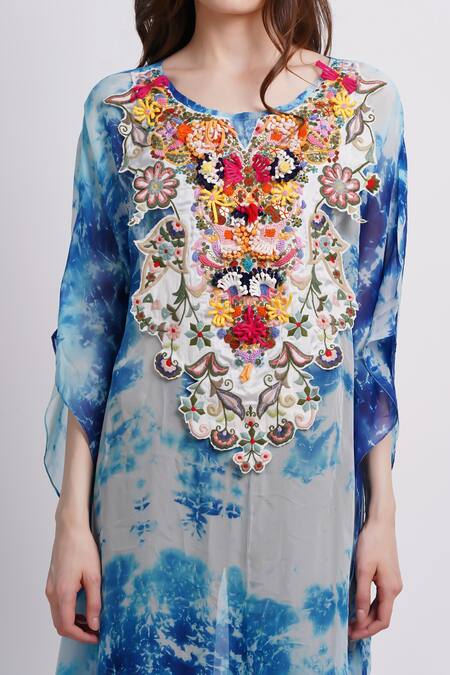 Sonali Gupta_Blue Silk Embroidery Round Neck Cool Tie And Dye Kaftan With _Online_at_Aza_Fashions