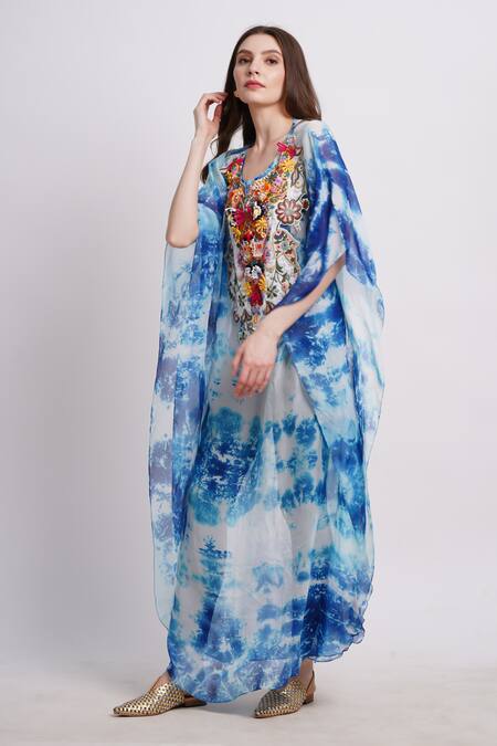 Buy_Sonali Gupta_Blue Silk Embroidery Round Neck Cool Tie And Dye Kaftan With _Online_at_Aza_Fashions