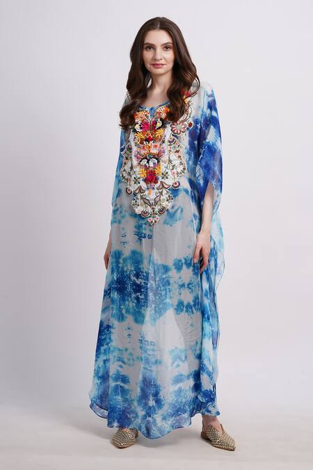Shop_Sonali Gupta_Blue Silk Embroidery Round Neck Cool Tie And Dye Kaftan With _Online_at_Aza_Fashions