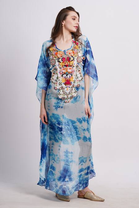 Sonali Gupta_Blue Silk Embroidery Round Neck Cool Tie And Dye Kaftan With _at_Aza_Fashions
