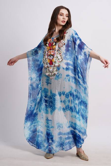 Buy_Sonali Gupta_Blue Silk Embroidery Round Neck Cool Tie And Dye Kaftan With 
