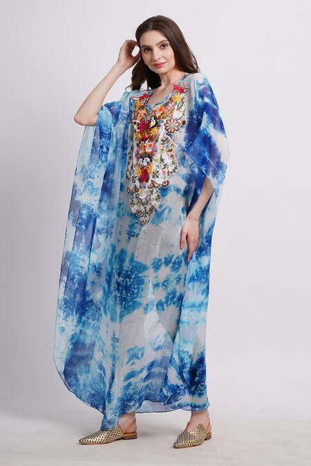 Shop_Sonali Gupta_Blue Silk Embroidery Round Neck Cool Tie And Dye Kaftan With 