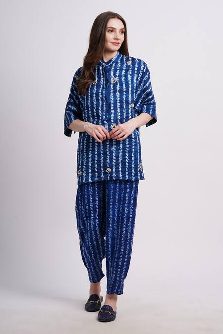Buy_Sonali Gupta_Blue Silk Embroidery Collared Shibori Pattern Shirt And Pant Set _Online_at_Aza_Fashions