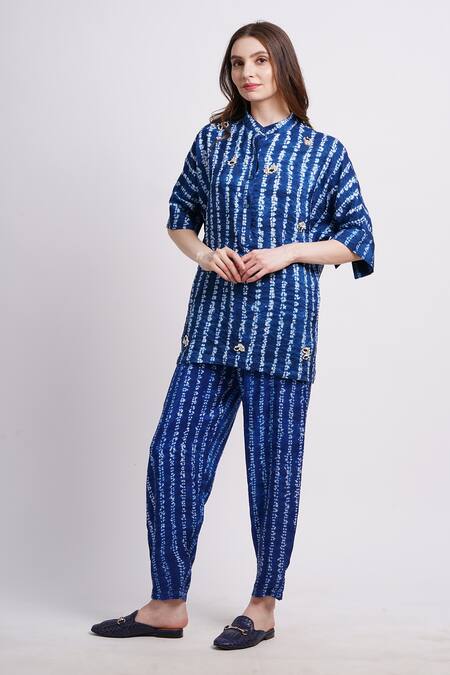 Shop_Sonali Gupta_Blue Silk Embroidery Collared Shibori Pattern Shirt And Pant Set _Online_at_Aza_Fashions