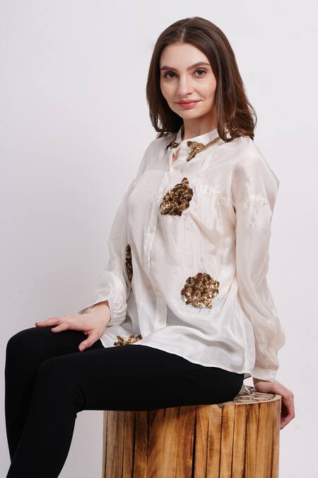 Sonali Gupta_Ivory Silk Embroidery Collared Shirt _Online_at_Aza_Fashions