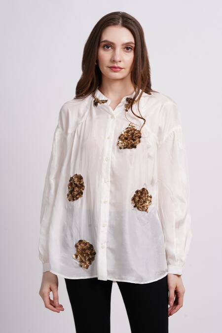 Buy_Sonali Gupta_Ivory Silk Embroidery Collared Shirt _Online_at_Aza_Fashions
