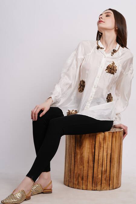Shop_Sonali Gupta_Ivory Silk Embroidery Collared Shirt _Online_at_Aza_Fashions
