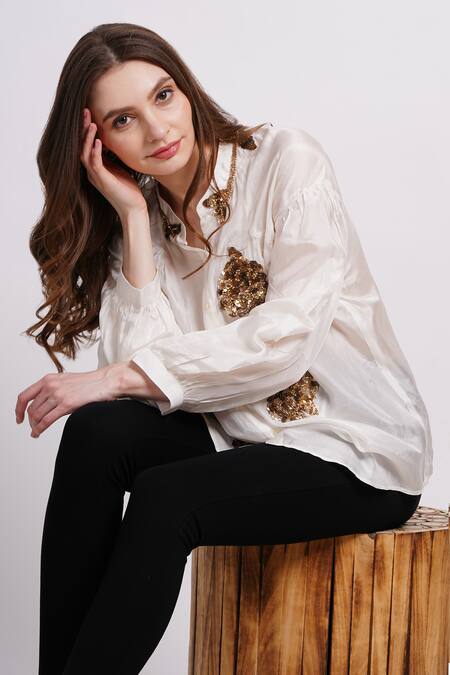 Sonali Gupta_Ivory Silk Embroidery Collared Shirt _at_Aza_Fashions