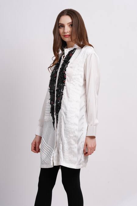 Sonali Gupta_Ivory Silk Embroidery Collared Pleated Leather Patch Work Shirt _Online_at_Aza_Fashions