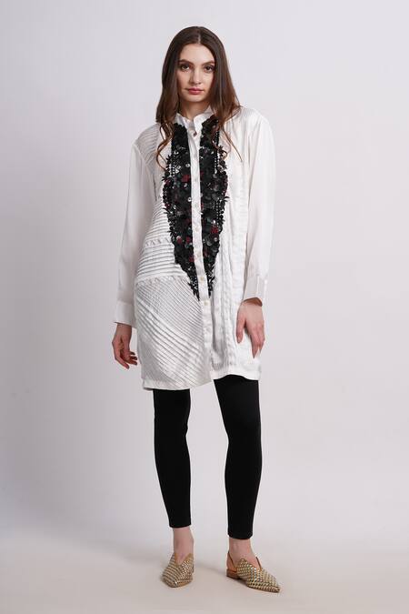 Buy_Sonali Gupta_Ivory Silk Embroidery Collared Pleated Leather Patch Work Shirt _Online_at_Aza_Fashions