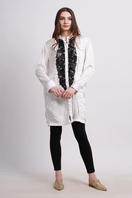 Shop_Sonali Gupta_Ivory Silk Embroidery Collared Pleated Leather Patch Work Shirt _Online_at_Aza_Fashions