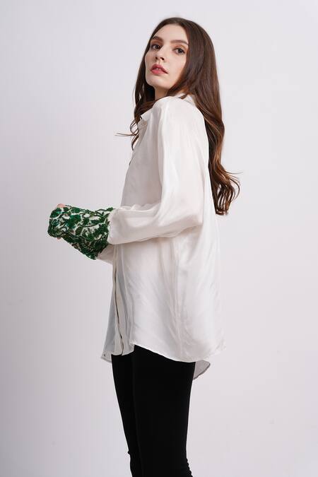Sonali Gupta_Ivory Silk Embroidery Collared Sleeve Shirt _Online_at_Aza_Fashions