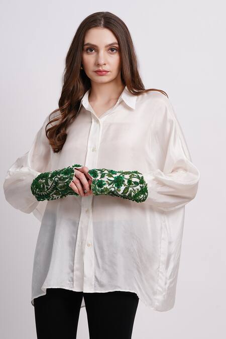 Sonali Gupta_Ivory Silk Embroidery Collared Sleeve Shirt _at_Aza_Fashions
