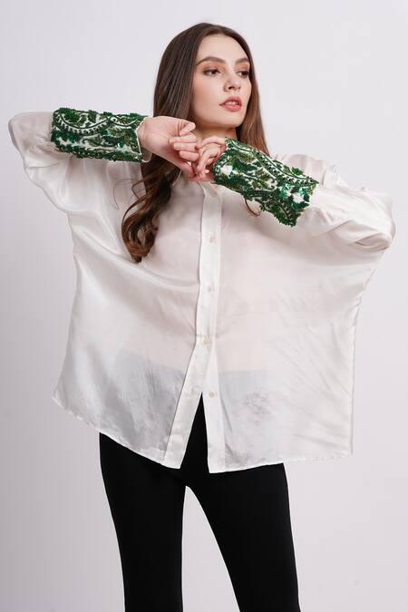 Buy_Sonali Gupta_Ivory Silk Embroidery Collared Sleeve Shirt 