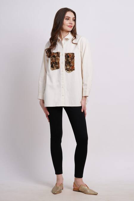 Sonali Gupta_Ivory Cotton Embroidery Collared Hand Shirt _Online_at_Aza_Fashions