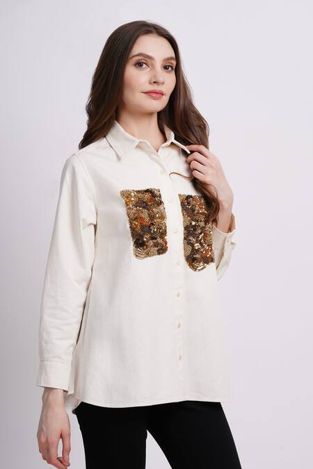 Sonali Gupta_Ivory Cotton Embroidery Collared Hand Shirt _at_Aza_Fashions