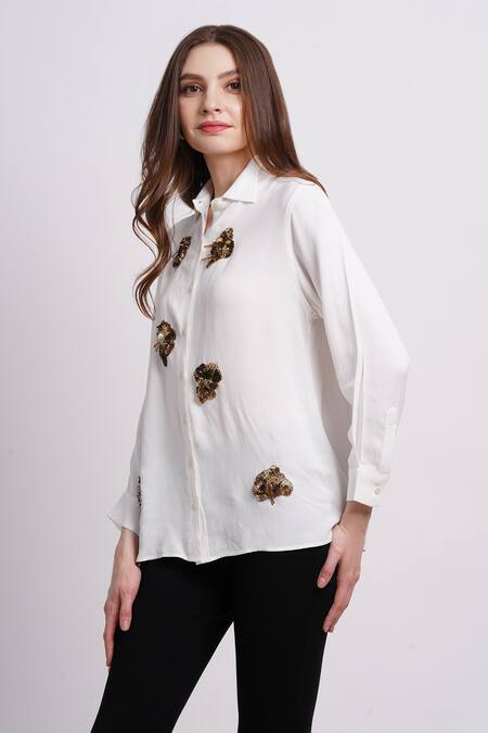 Buy_Sonali Gupta_Ivory Silk Embroidery Collared Hand Shirt _Online_at_Aza_Fashions
