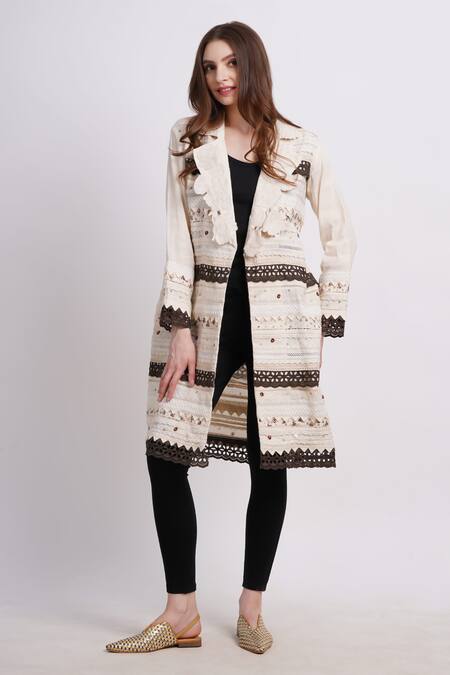 Buy_Sonali Gupta_Ivory Cotton Embroidery Round Neck Floral Lace Jacket _Online_at_Aza_Fashions